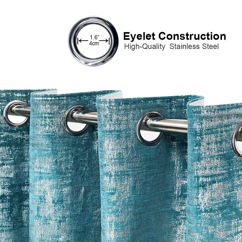 always4u 100% Blackout Soft Velvet Curtains for Bedroom Living Room Thermal Energy Saving 108 Inches Long Luxury Silver Foil Print Drapes 2 Panels Teal - Image 5